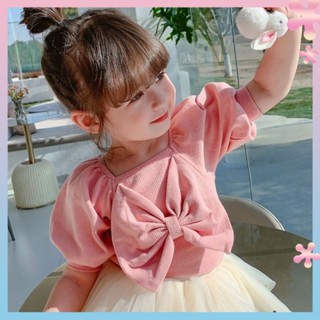 Girls summer clothes 2021 New bow short-sleeved top Korean style childrens cotton T-shirt small and medium-sized childrens western style base shirt