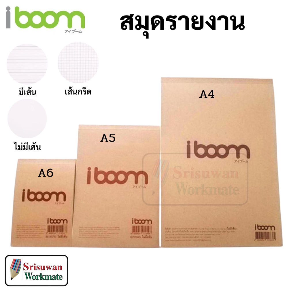 iboom สมุดรายงานปกคราฟท์ เส้นกริด มีเส้น ไม่มีเส้น A4 A5 A6 สมุดรายงาน 40 แผ่น กระดาษถนอมสายตา 75 g 