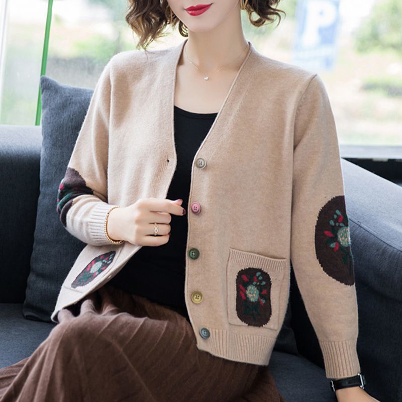Casual Loose Short Knit Cardigan Women Vintage Single-breasted Sweater Coat With Pockets Korean Style Spring thin Knit J #4