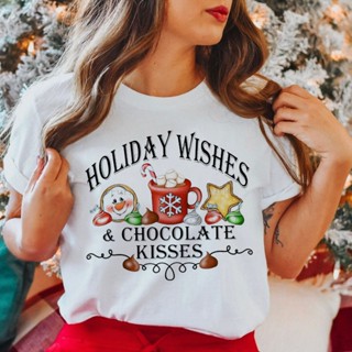 Fashion T-Shirt Personality Women Cartoon Print Letters New Year Winter Cute Christmas Day Top Shirt