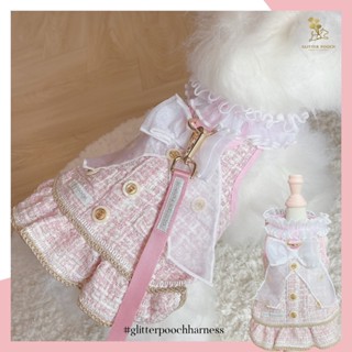 Glitter Pooch Harness ชุดรัดอก สายจูง เสื้อผ้า สุนัข, หมา, แมว, สัตว์เลี้ยง พร้อม สายจูง รุ่น New Emily in Paris Pink