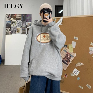 Ielgy เสื้อกันหนาว มีฮู้ด ผ้าฟลีซ แบบหนา ทรงหลวม สไตล์ฮ่องกง พลัสไซซ์ สําหรับผู้ชาย