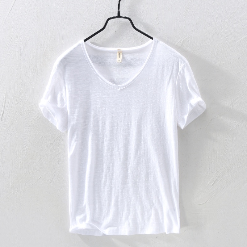 ใหม่ เสื้อยืดแขนสั้นลําลอง คอวี ผ้าฝ้าย ใส่สบาย สีพื้น สไตล์อิตาลี สําหรับผู้ชาย 10 สี