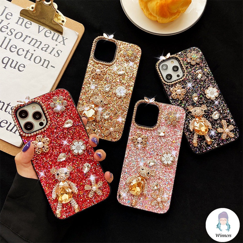 หรูหรา 3D หมีแฟลช Glitter เคสโทรศัพท์สําหรับ IPhone 16 15 14 13 12 11 Pro Max XS XR 8 7 Plus ดอกไม้เพชรกันน้ํากันกระแทกนุ่ม TPU ฝาหลัง