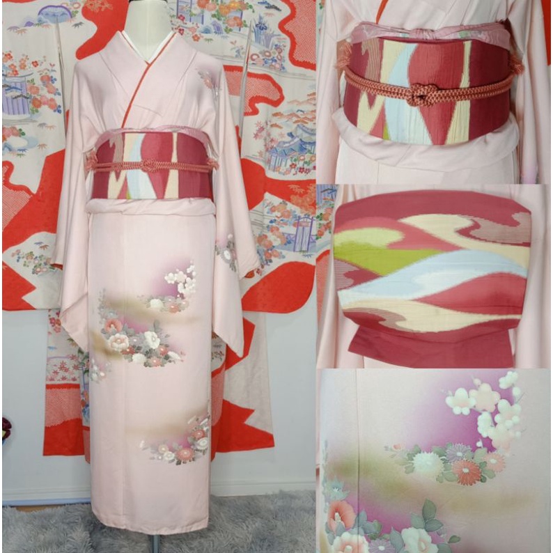พร้อมส่ง Set Kimono ชุดกิโมโนมือสอง สีชมพูพาสเทล