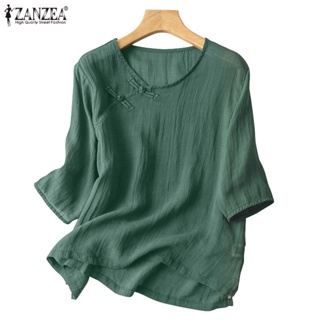 Zanzea เสื้อลําลองสําหรับสตรี แขน 3/4 คอกลม สีพื้น ทรงหลวม