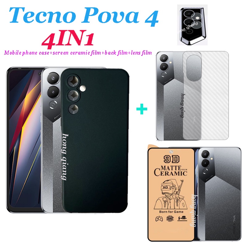 (4 In 1) เคสโทรศัพท์มือถือแบบนิ่ม เซรามิค กันรอยหน้าจอ ฟิล์มเลนส์ ฟิล์มด้านหลัง สําหรับTecno Pova 4 Pova 4 pro Pova 3 Pova 2