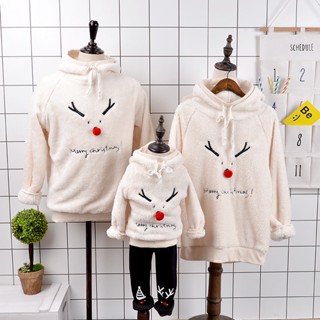 เสื้อกันหนาว มีฮู้ด ปักลายกวาง สีแดง สไตล์คริสต์มาส แฟชั่นฤดูใบไม้ร่วง สําหรับแม่ และลูก