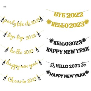 Quu แบนเนอร์กระดาษ ลายสวัสดีปีใหม่ Hello 2023 แต่งกลิตเตอร์ สําหรับตกแต่งขวดน้ําแชมเปญ ปาร์ตี้ที่บ้าน 2022