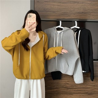ฤดูใบไม้ร่วงใหม่เวอร์ชั่นเกาหลีสีทึบซิปหลวมสั้น Hoodies เสื้อผู้หญิง