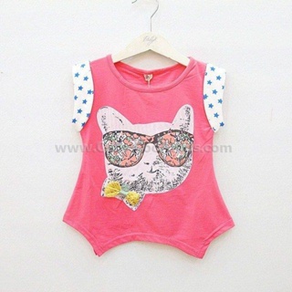 TSG-708 เสื้อยืดเด็กผู้หญิง สีชมพูแมว Size-120 (5-6Y)