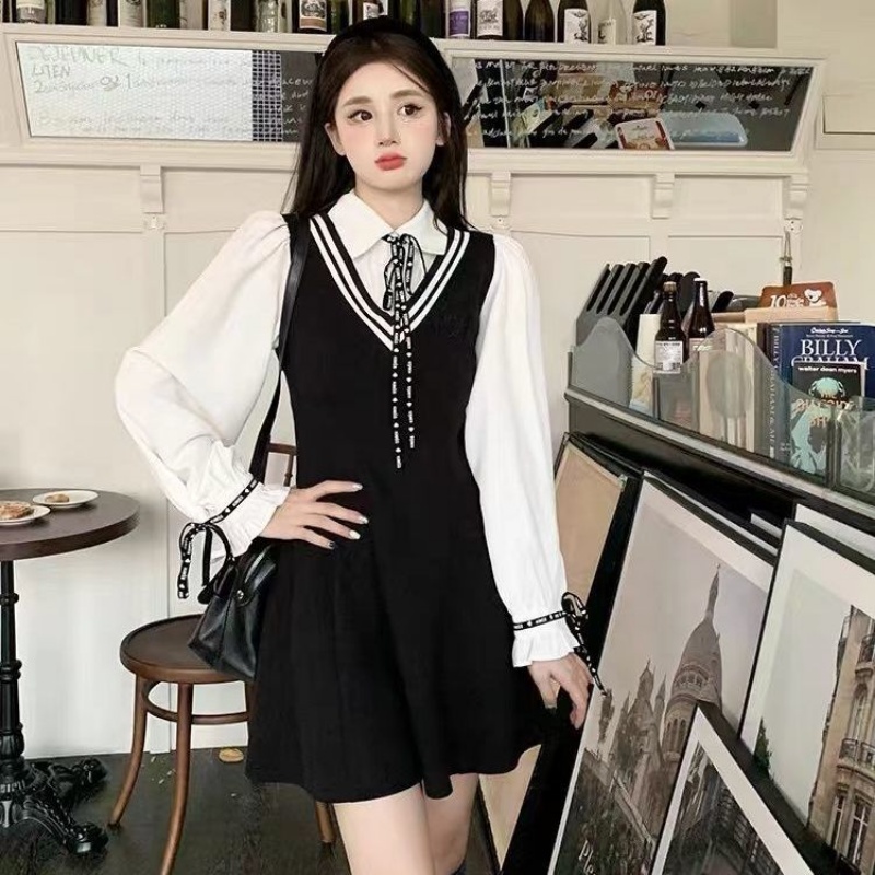 Long-Sleeve Mini Dress Women Gentle Lace-up Breathable Sweet Vintage Slim Korean Style Students Chic Office Ladies Fashi #3