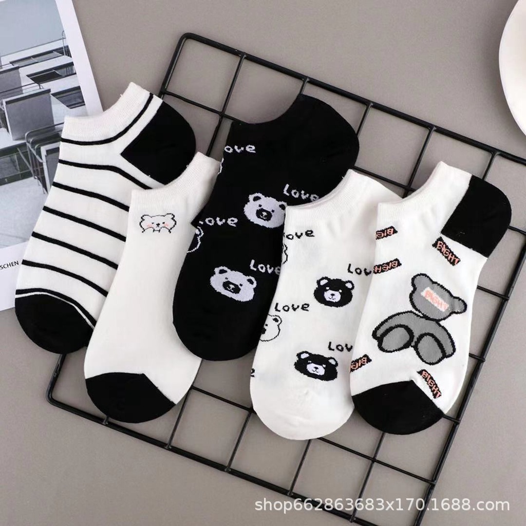 ถุงเท้าข้อสั้น แบบบาง ลายการ์ตูนน่ารัก สีดํา และสีขาว แฟชั่นฤดูใบไม้ผลิ และฤดูร้อน สไตล์ญี่ปุ่น สําหรับผู้หญิง - รูปที่ 5