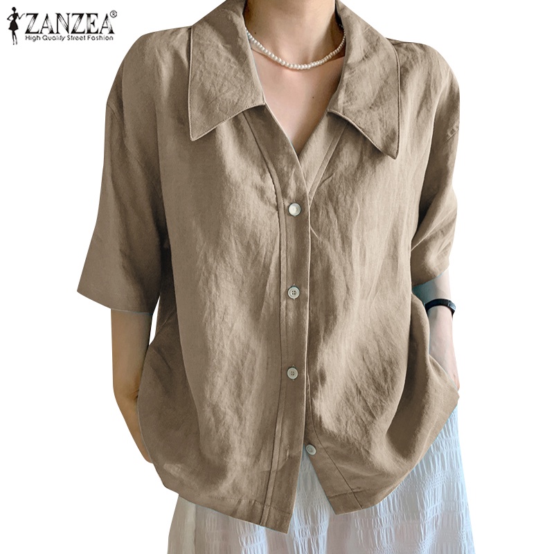 Zanzea เสื้อลําลองสําหรับสตรี แขนสั้น สีพื้น ทรงหลวม