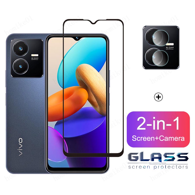2 in 1 Vivo Y22s ฟิล์มกระจกนิรภัยสําหรับ Vivo Y02s Y01 Y35 Y16 Y15A Y15s Y12A Y12s Y21T Y33s Y73 Y76 V25 Pro V25e V23e V23 V23 V23e 5G ป้องกันหน้าจอกระจก