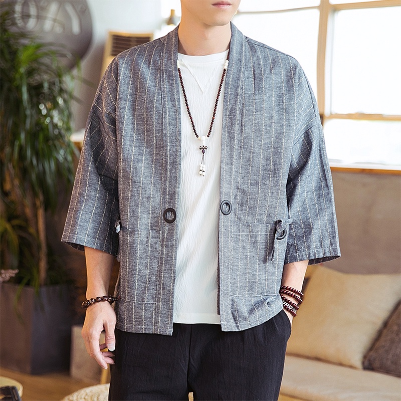 Japanese Kimono Cardigan Men Kimono Traditional Yukata Fashion Cotton Kimono Casual Shirt Jacket Linen Fabric Coat Asian #3