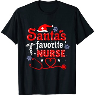 T-Shirt เสื้อยืดผ้าฝ้ายพิมพ์ลาย Santas Favorite Nurse Christmas แฟชั่นสําหรับผู้ชาย ชุดคริสต์มาสใหม่