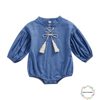 Babyclothes- ชุดรอมเปอร์ จั๊มสูทยีน แขนยาว ลําลอง สีพื้น พร้อมพู่ ผ้าแถบ สําหรับเด็กทารก เด็กวัยหัดเดิน