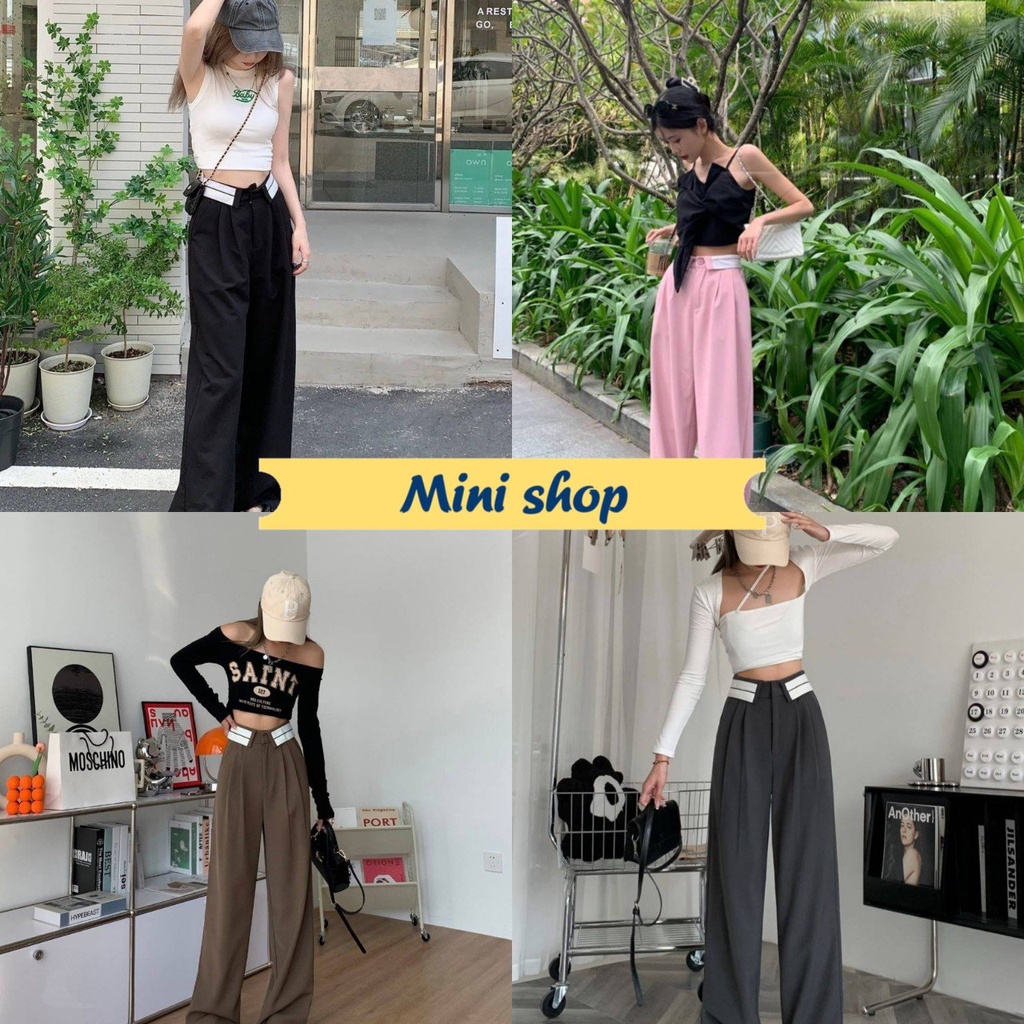 Mini shop🌸พร้อมส่ง🌸(D22)กางเกงขายาวเอวสูง ดีเทลขอบเอวพับ ทรงกระบอกเล็ก ผ้าพริ้ว -NZ