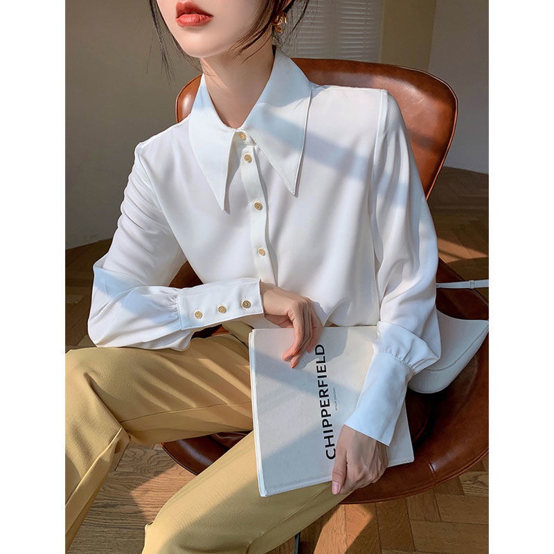 เสื้อเชิ้ตแขนยาว คอปก หัวแหลม แฟชั่นฤดูใบไม้ร่วง และฤดูหนาว สไตล์เรโทร สําหรับผู้หญิง
