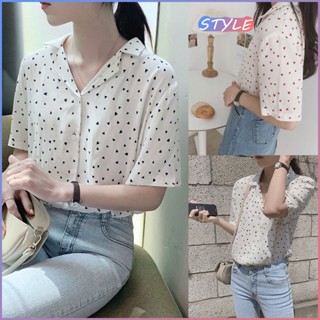 STYLE 🔥พร้อมส่ง🔥1926* เสื้อเชิ้ตชีฟอง ลายจุด น่ารัก สไตล์เกาหลี สำหรับผู้หญิง แขนสั้น