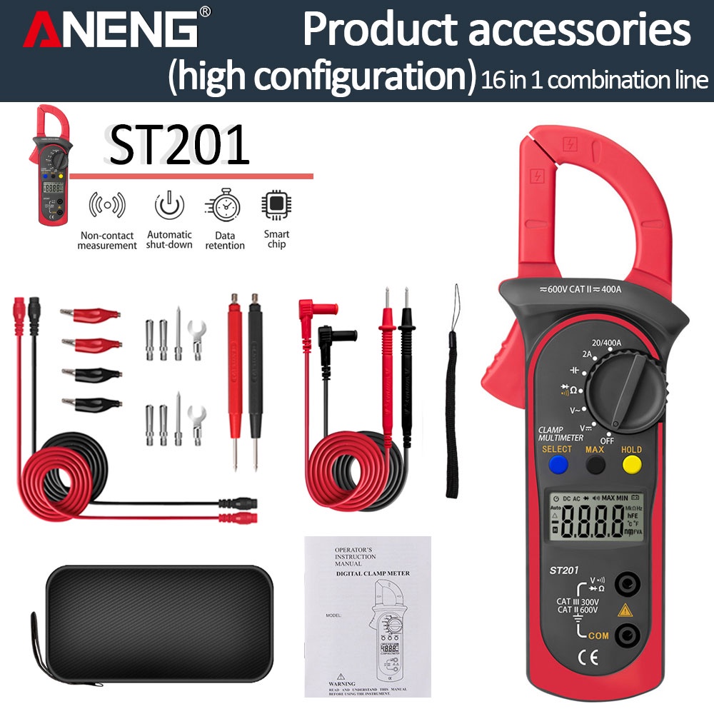 Aneng ST201 มัลติมิเตอร์แบบดิจิตอล Ohm Resistance Tester AC DC Clamp Meter โวลต์มิเตอร์ Ampere เครื่องทดสอบทรานซิสเตอร์ Non-con