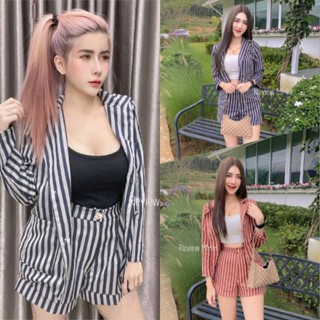 setสูท3ชิ้น เสื้อริ้วแขนยาวคอปก+เสื้อตัวใน+กางเกงริ้วขาสั้น สวยมากกก