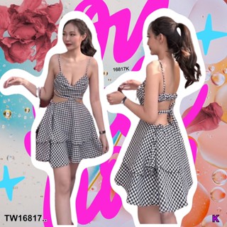 TwinsShopVip💗พร้อมส่ง TW16817 เดรสสั้น สายเดี่ยว เว้าเอว ลายชิโนริ..short dress, single strap, concave waist,