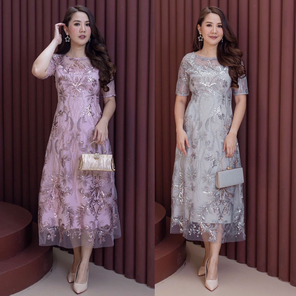 เดรสราตรียาวใส่ออกงาน งานแต่งงาน ผ้าลูกไม้ปักไหมและปักเลื่อม ลุคหรูหรา มี size M-4XL