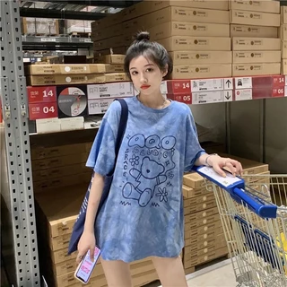 เสื้อยืดผู้หญิงแฟชั่น ส่วนยาวหลวมของเวอร์ชั่นเกาหลีของฮาราจูกุสไตล์มัดย้อมเสื้อยืดเสื้อคู่รัก ใส่สบาย#1036