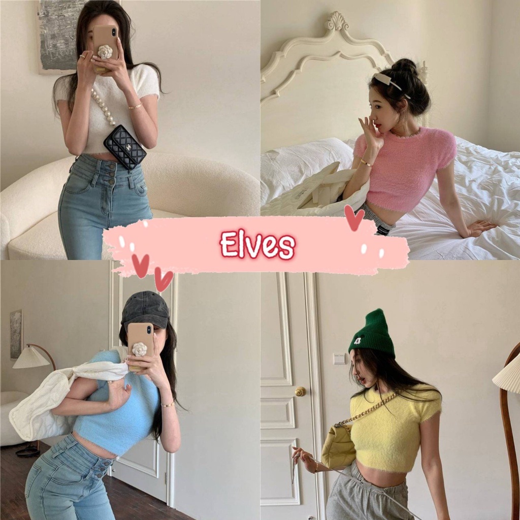 Elves พร้อมส่ง เสื้อแขนสั้นไหมพรม ทรงครอปสั้น ดีเทลขนมุ้งมิ้งน่ารัก สีพาสเทล ~80069~