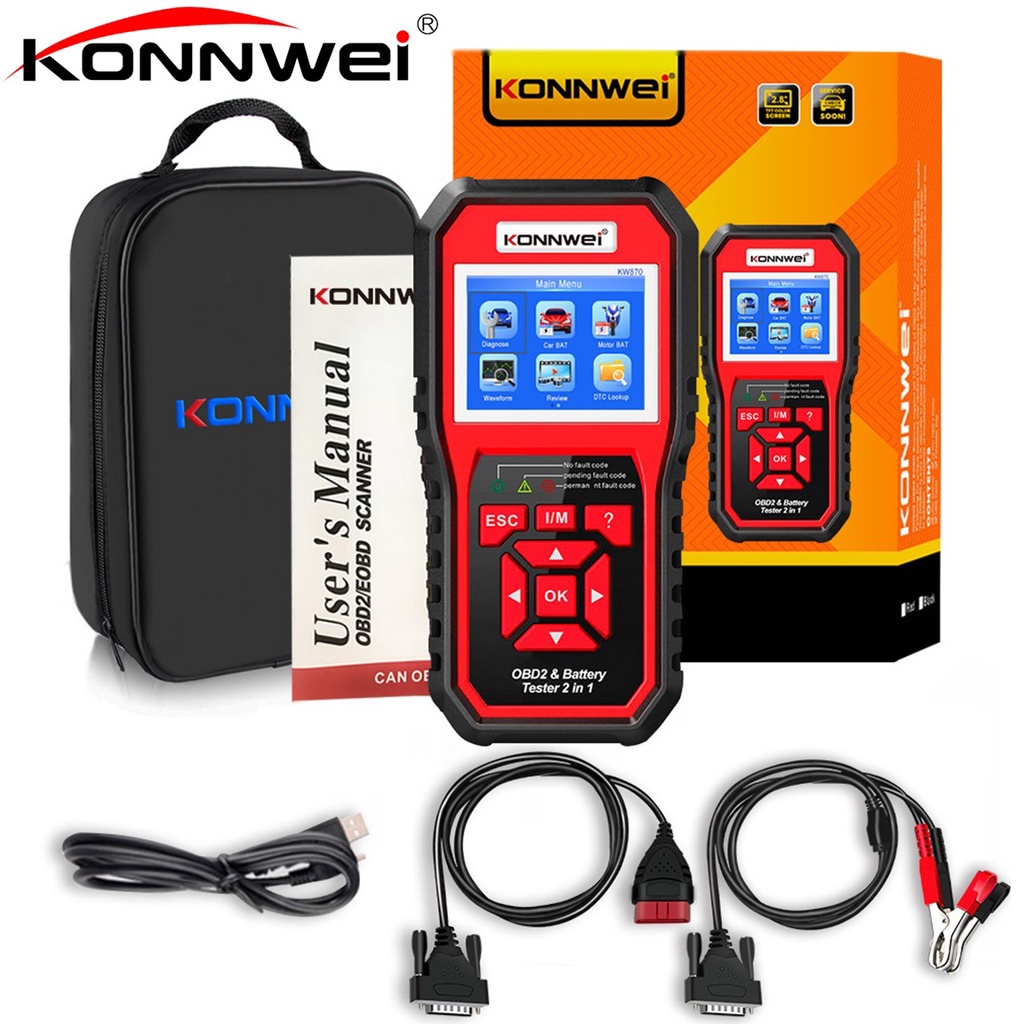 KONNWEI KW870 OBDⅡ เครื่องสแกนเนอร์/6-12V เครื่องทดสอบแบตเตอรี่เหมาะสำหรับรถยนต์