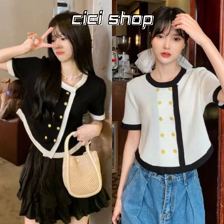 Cicishop(B2217)เสื้อครอปแขนสั้นไหมพรมคอกลม แต่งกระดุมทองลุคสาวหวาน สไตล์คุณหนู