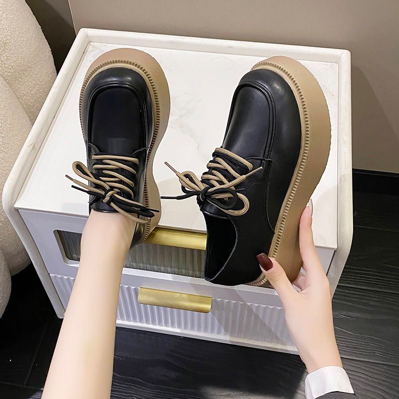 ⚡พร้อมส่ง⚡รองเท้าหนังผู้หญิงพื้นหนาผูกเชือกหัวกลมสวมใส่สบายสไตล์อังกฤษ