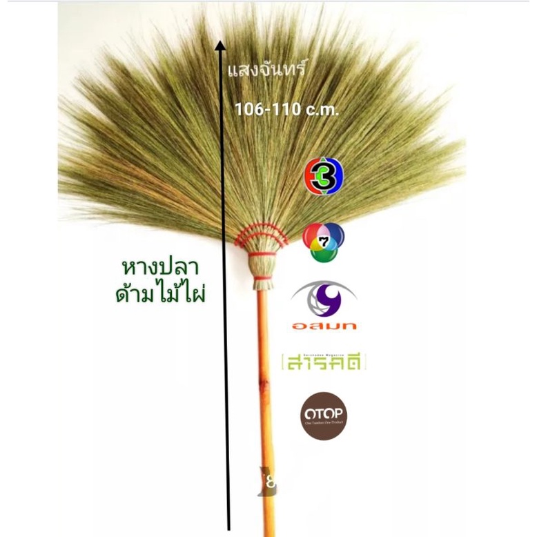 แสงจันทร์ (ของแท้)ไม้กวาดดอกหญ้า รุ่นหางปลา ด้ามไม้ไผ่ 1 ด้าม มัดแน่น ใช้ทน ใช้ได้นาน ไม่ค่อยมีดอกร่วง