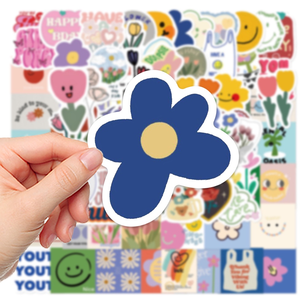 สติกเกอร์ PVC ลายดอกไม้และหน้ายิ้ม กันน้ํา สําหรับตกแต่งสมุดภาพ 90 ชิ้น
