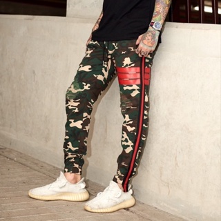 กางเกง jogger ลายทหารแถบแดง ผ้านิ่มใส่สบาย Size L : เอว26-36"