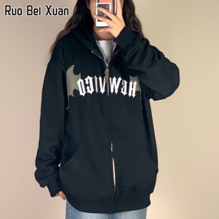 RUO BEI XUAN เสื้อสเวตเตอร์มีฮู้ดผู้หญิง เสื้อแจ็คเก็ตซิปคู่พิมพ์ลายวินเทจ