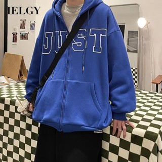 Ielgy เสื้อแจ็กเก็ตคาร์ดิแกน มีฮู้ด ผ้าฟลีซ สไตล์อเมริกัน สําหรับผู้ชาย