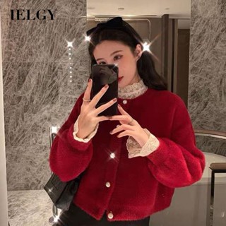 IELGY เสื้อโค้ทกํามะหยี่ ขนมิงค์เทียม สีแดง สไตล์เกาหลี สําหรับผู้หญิง