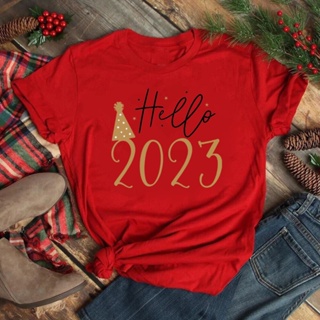 เสื้อยืดผ้าฝ้าย เสื้อยืดแขนสั้น ลาย Hello Christmas สีแดง แฟชั่นปีใหม่ สําหรับผู้หญิง 2023