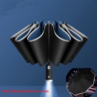 New Auto Open Close Light-emitting LED Reverse Umbrella Ten-bones Three-folding Automatic Business Umbrella with Light