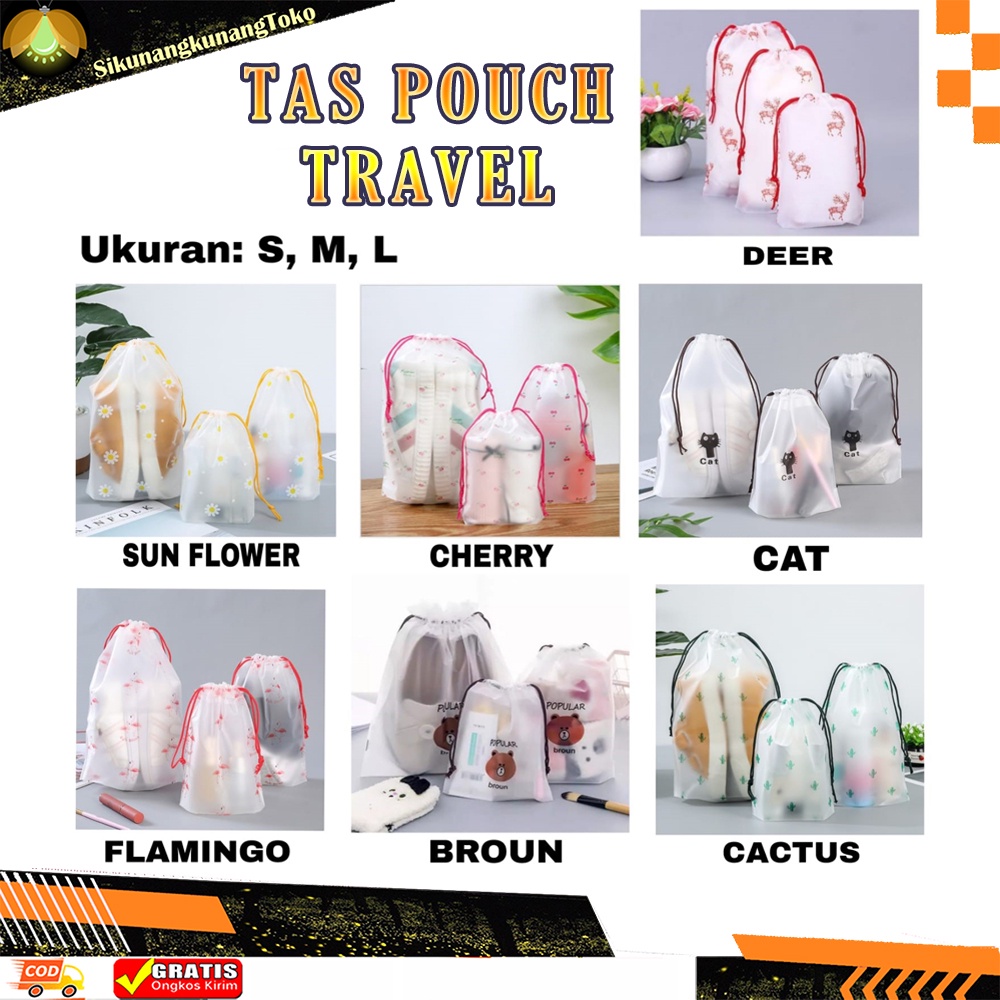 (SKN🌹 Ready tas pouch travel cherry/cat/Aglaonema/cactus/deer/sunflower/flamingo