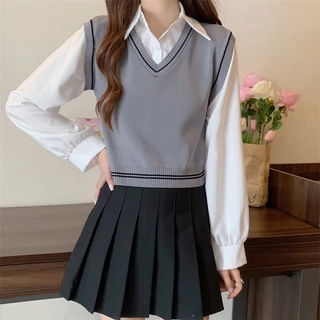 DODO*พร้อมส่ง‍🌺เสื้อเชิ้ตแขนยาวพร้อมเสื้อกั๊กเรียบหรูลุคคุณหนูสุดๆ ให้ฟีลนักเรียนเกาหลี สายเกาหลีเกาใจต้องตำ（03015-5）