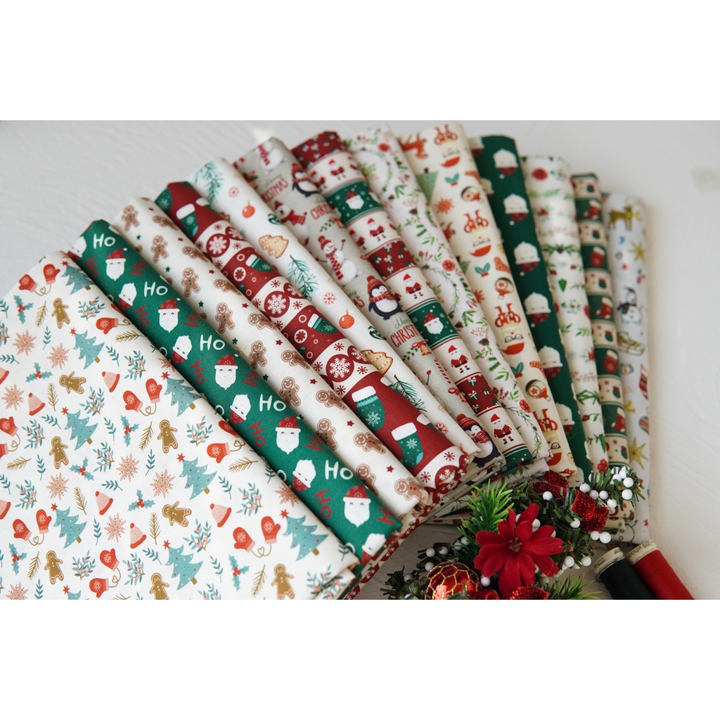 ผ้าคอตตอน 100% ผ้าเมตร งานเกรดพรีเมียม หน้ากว้าง 140 เซนติเมตร หรือ 55 นิ้ว พิมพ์ลายคริสต์มาส