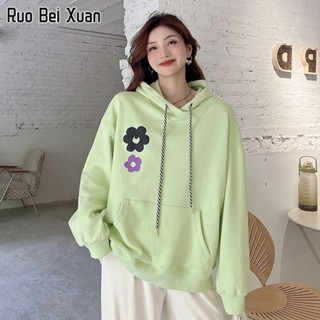 RUO BEI XUAN เสื้อฮู้ดผู้หญิง เสื้อกันหนาวมีฮู้ดพิมพ์ลายสไตล์เกาหลีใหม่