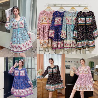 Mini Dress Bohemian มินิเดรสลายดอกไม้สไตล์โบฮีเมียน ชุดเดรสผู้หญิงใส่เที่ยวคาเฟ่