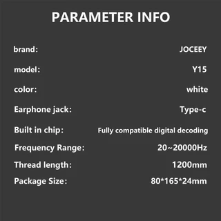 หูฟังJC Y15 Hi-Res USB Type-C ของแท้ อินเอียร์ และไมโครโฟนในตัว ใช้กับช่องเสียบขนาด USB Type-C รองรับ ซัมซุง vivo OPPO