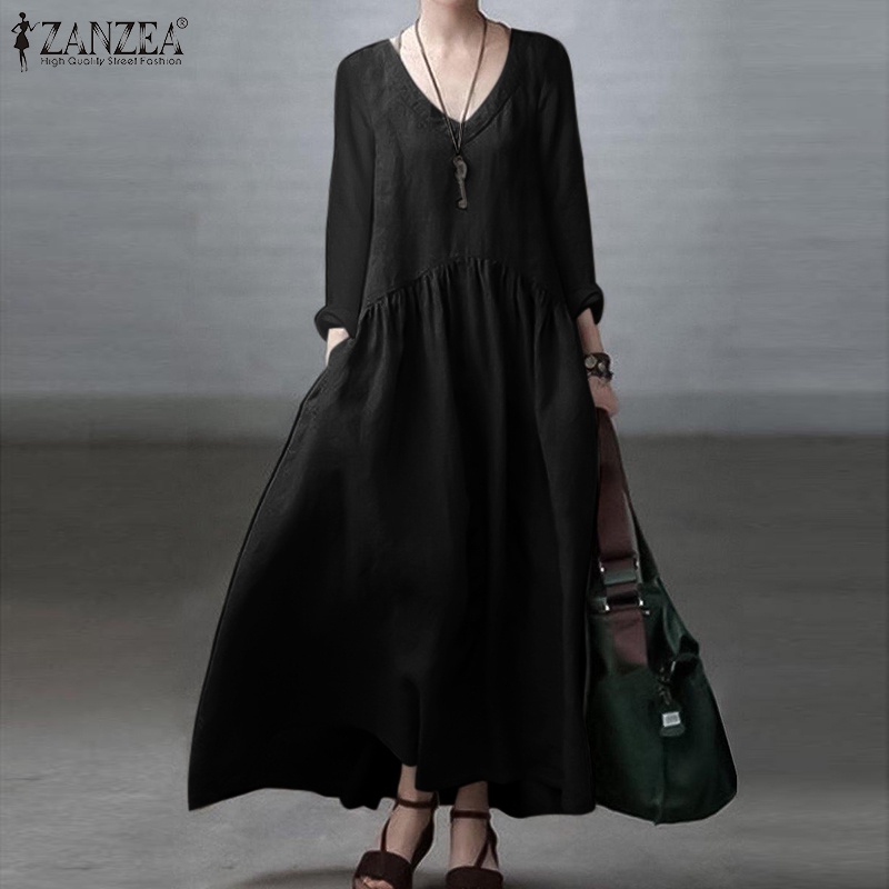 Zanzea ชุดเดรสยาว แขนยาว คอวี มีกระเป๋าด้านข้าง สีพื้น แฟชั่นเกาหลี สําหรับผู้หญิง — صورة 2