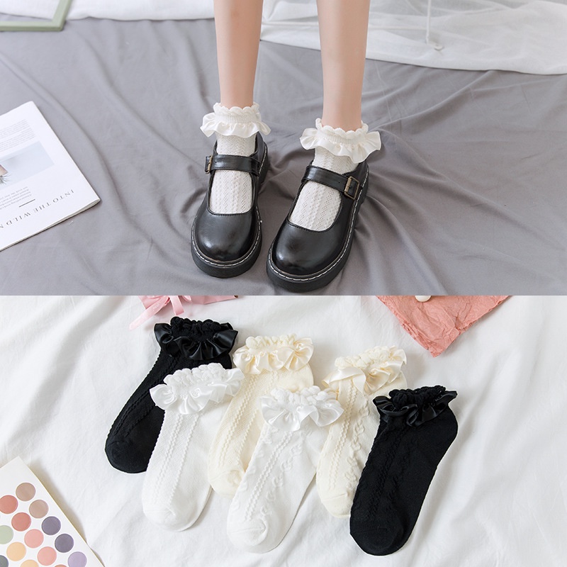 พร้อมส่ง🧦 ถุงเท้าข้อสั้น ผ้าฝ้าย สีขาว สไตล์โลลิต้า สําหรับผู้หญิง